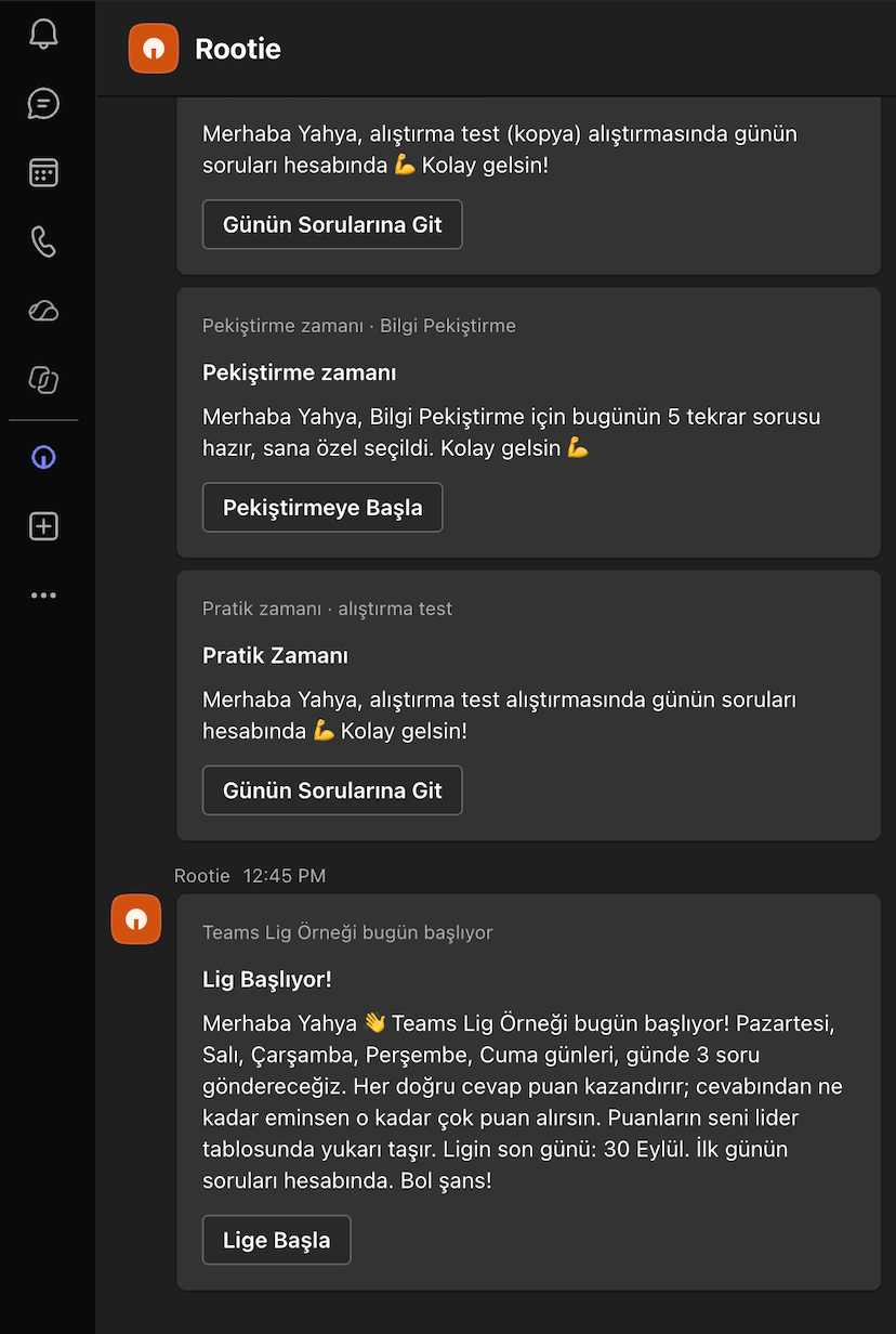 Microsoft Teams üzerinden gelen Rootie mesajları